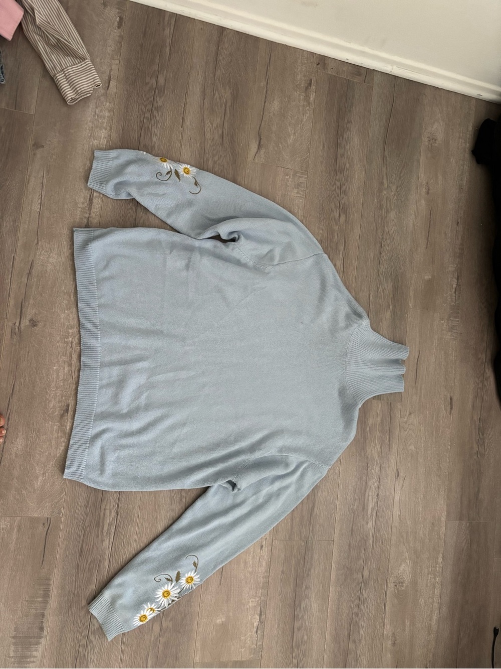 Light Blue Turtleneck Sweater with Daisies